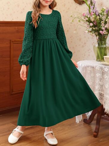 HOSIKA Girls Long Sleeve Maxi Dress Vintage Chiffon A-Line Formal Junior Bridesmaid Dresses for Fall Wedding Party in Kuwait