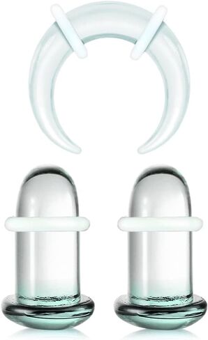 Single Flare Glass Stretching kits 1PC C-shape septum rings+1Pair Glass Gauges Taper Expander with Rubber O-Rings,1.6-8mm(14G-0G) Full Size Ear Tunnels Plugs,Cylindrical Body Piercing in Saudi Arabia
