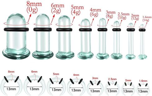 Single Flare Glass Stretching kits 1PC C-shape septum rings+1Pair Glass Gauges Taper Expander with Rubber O-Rings,1.6-8mm(14G-0G) Full Size Ear Tunnels Plugs,Cylindrical Body Piercing in Saudi Arabia