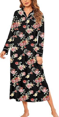 Ekouaer قمصان نوم للنساء بأكمام طويلة ثوب نوم ناعم ملابس نوم بأزرار على شكل حرف V قميص نوم طويل S-XXL in Kuwait