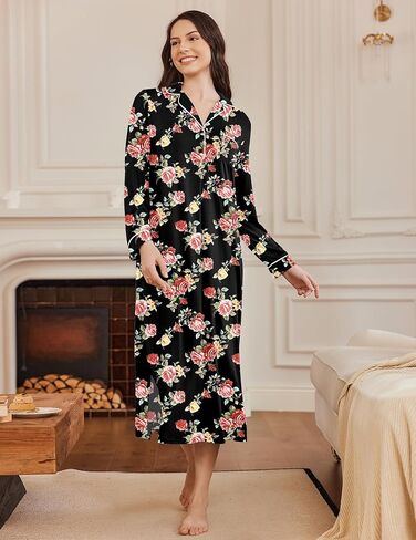 Ekouaer قمصان نوم للنساء بأكمام طويلة ثوب نوم ناعم ملابس نوم بأزرار على شكل حرف V قميص نوم طويل S-XXL in Kuwait