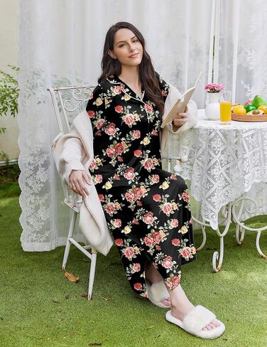 Ekouaer قمصان نوم للنساء بأكمام طويلة ثوب نوم ناعم ملابس نوم بأزرار على شكل حرف V قميص نوم طويل S-XXL in Kuwait