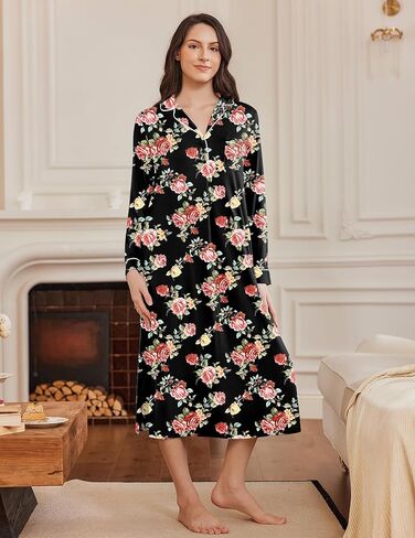 Ekouaer قمصان نوم للنساء بأكمام طويلة ثوب نوم ناعم ملابس نوم بأزرار على شكل حرف V قميص نوم طويل S-XXL in Kuwait