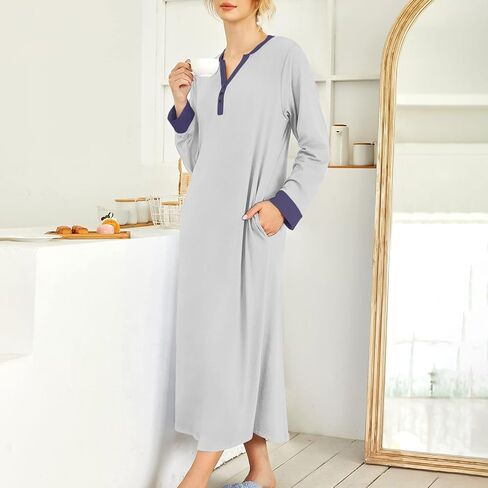 Long Casual Dresses for Women,Nightgowns Sleepwear V Neck Button Loungewear Nightshirt Fall Winter Dress with Pockets in Saudi Arabia