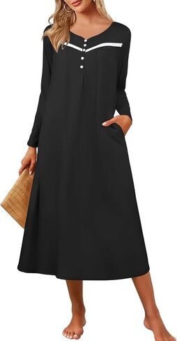 Ekouaer Women's Long Sleeve Nightgown Full Length Pajama Dress with Pockets V Neck Nightshirts Lace Trim Sleepwear in Saudi Arabia