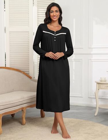 Ekouaer Women's Long Sleeve Nightgown Full Length Pajama Dress with Pockets V Neck Nightshirts Lace Trim Sleepwear in Saudi Arabia