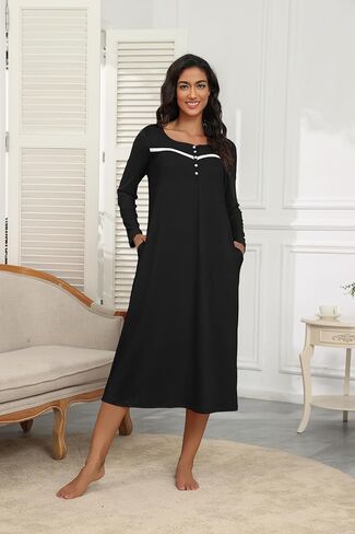 Ekouaer Women's Long Sleeve Nightgown Full Length Pajama Dress with Pockets V Neck Nightshirts Lace Trim Sleepwear in Saudi Arabia