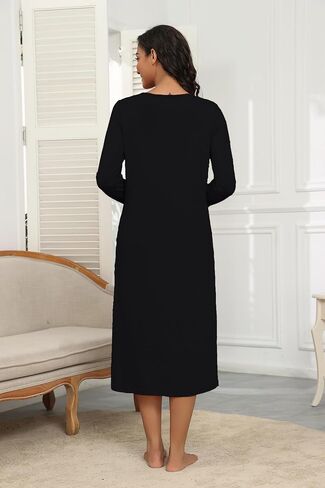 Ekouaer Women's Long Sleeve Nightgown Full Length Pajama Dress with Pockets V Neck Nightshirts Lace Trim Sleepwear in Saudi Arabia