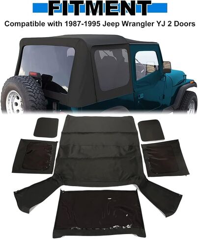 KUAFU Replacement Soft Top Compatible with 1987-1995 Jeep Wrangler YJ 2 Door Sailcloth Vinyl Black Roof, Zip Out with Tinted Plastic Windows and Removable Front Upper Door Skins in Saudi Arabia