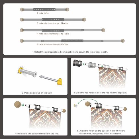 Tapestry Hanger Telescopic Rod, Adjustable Wall Hanging Bar for Heavy Duty Tapestries, Blankets, Quilts & Banner Displays. Wall Mounting Pole for Room Decor, 32-76In (Black) in Saudi Arabia