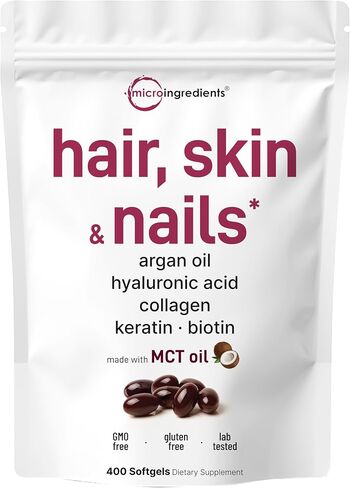 Micro Ingredients Hair Skin and Nails Vitamins for Women & Men | 400 Softgels with MCT Oil | 22-in-1 Argan Oil, Hyaluronic Acid, Collagen, Keratin & Biotin Complex | Natural Hair Growth Support in Saudi Arabia