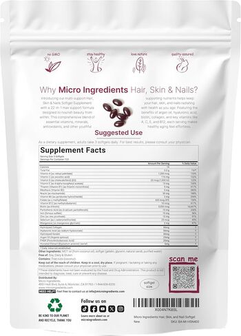 Micro Ingredients Hair Skin and Nails Vitamins for Women & Men | 400 Softgels with MCT Oil | 22-in-1 Argan Oil, Hyaluronic Acid, Collagen, Keratin & Biotin Complex | Natural Hair Growth Support in Saudi Arabia