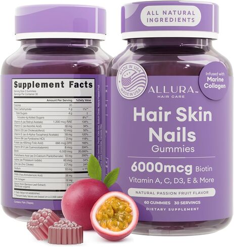 Hair Skin and Nails Vitamins for Women – Extra Strength 6000mcg Biotin Hair Gummies with Marine Collagen, Vitamin E, A, C & PABA for Hair Growth, Healthy Skin & Nails – Made in US, Passion Fruit, 60ct in Saudi Arabia