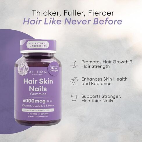 Hair Skin and Nails Vitamins for Women – Extra Strength 6000mcg Biotin Hair Gummies with Marine Collagen, Vitamin E, A, C & PABA for Hair Growth, Healthy Skin & Nails – Made in US, Passion Fruit, 60ct in Saudi Arabia