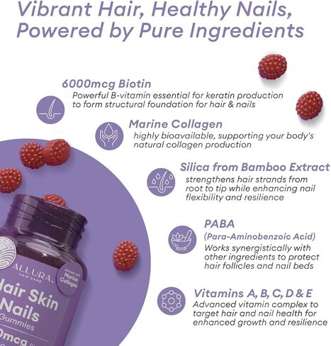 Hair Skin and Nails Vitamins for Women – Extra Strength 6000mcg Biotin Hair Gummies with Marine Collagen, Vitamin E, A, C & PABA for Hair Growth, Healthy Skin & Nails – Made in US, Passion Fruit, 60ct in Saudi Arabia