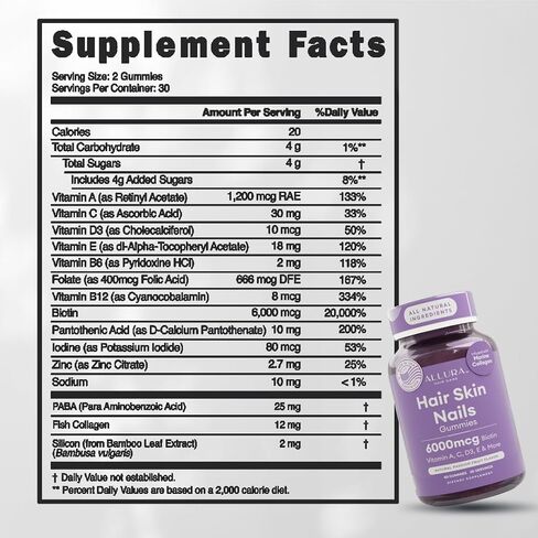 Hair Skin and Nails Vitamins for Women – Extra Strength 6000mcg Biotin Hair Gummies with Marine Collagen, Vitamin E, A, C & PABA for Hair Growth, Healthy Skin & Nails – Made in US, Passion Fruit, 60ct in Saudi Arabia