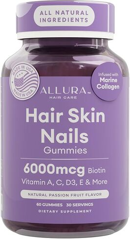 Hair Skin and Nails Vitamins for Women – Extra Strength 6000mcg Biotin Hair Gummies with Marine Collagen, Vitamin E, A, C & PABA for Hair Growth, Healthy Skin & Nails – Made in US, Passion Fruit, 60ct in Saudi Arabia
