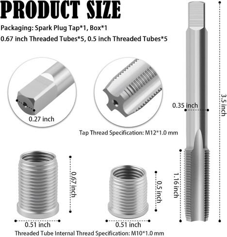 Spark Plug Thread Repair Kit with 1PC M12x1.0mm Sparks Plugs Tap,Stainless Steel Spark Plug Repair Kit with 10PCS M10x1.0mm Threaded Tube,Professional Sparks Plugs Rethread Kits in Saudi Arabia