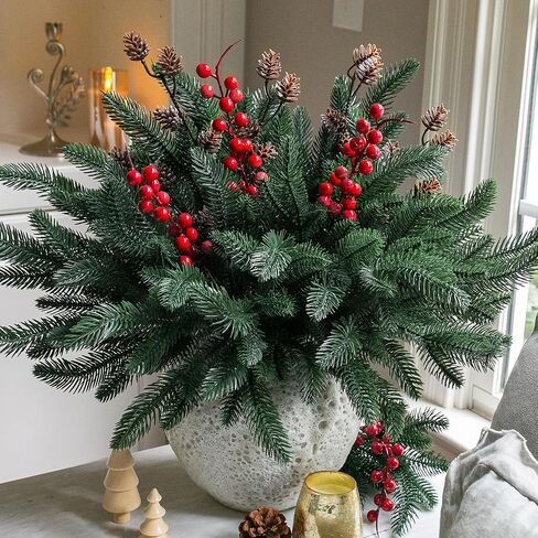 Ivydale 17Pcs Artificial Pine Branches Christmas Greenery Stems Plants Pine Needles with Pinecones for DIY Home Garden Decoration Winter Decor (Pine Branch+Pinecone&Berries) in Saudi Arabia