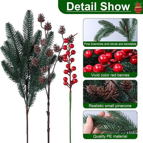 Ivydale 17Pcs Artificial Pine Branches Christmas Greenery Stems Plants Pine Needles with Pinecones for DIY Home Garden Decoration Winter Decor (Pine Branch+Pinecone&Berries) in Saudi Arabia