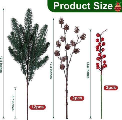 Ivydale 17Pcs Artificial Pine Branches Christmas Greenery Stems Plants Pine Needles with Pinecones for DIY Home Garden Decoration Winter Decor (Pine Branch+Pinecone&Berries) in Saudi Arabia