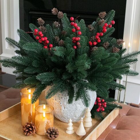 Ivydale 17Pcs Artificial Pine Branches Christmas Greenery Stems Plants Pine Needles with Pinecones for DIY Home Garden Decoration Winter Decor (Pine Branch+Pinecone&Berries) in Saudi Arabia