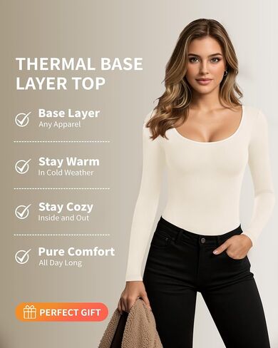 MANGOPOP Long Sleeve Shirts for Women Slim Fitted Scoop Neck Top Fleece Thermal Undershirts Base Layer Going Out Trendy 2025 in Saudi Arabia