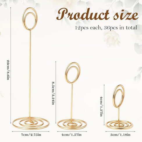 36-Piece Table Number Holders, 1.6"/3.3"/8.7" Golden Wire Place Card Holder Menu Clips with Spiral Base, Round Note Card Stands for Wedding Reception, Party Photo Display, Dinner Centerpieces Decor in Kuwait