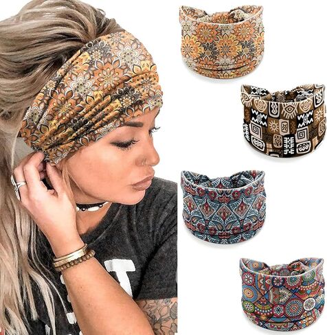 Boho Headbands for Women – 4 Pack Wide Stretchy Turban Head Wraps, Floral Tribal Print Hair Bands for Yoga, Workout, Travel, Festival Accessories in Kuwait
