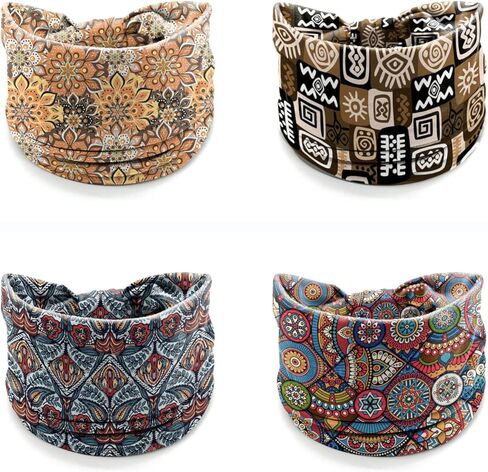 Boho Headbands for Women – 4 Pack Wide Stretchy Turban Head Wraps, Floral Tribal Print Hair Bands for Yoga, Workout, Travel, Festival Accessories in Kuwait
