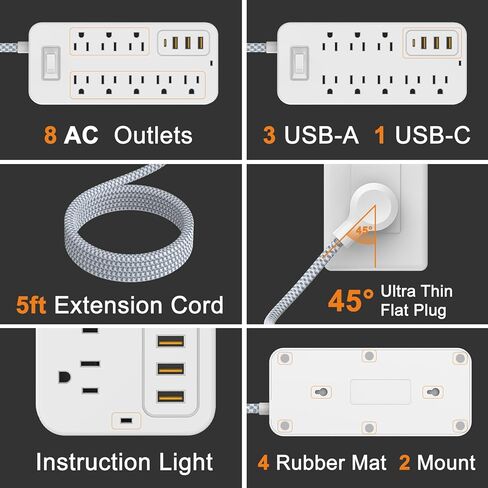 شريط الطاقة لشريط الطاقة، محطة شحن سطح المكتب لمنافذ متعددة المنافذ، شريط مخرج حماية من الحمل الزائد المسطح، منافذ USB، سلك تمديد، حامل على الحائط، مقبس محطة إضاءة ليلية، للمنزل والمكتب in Kuwait