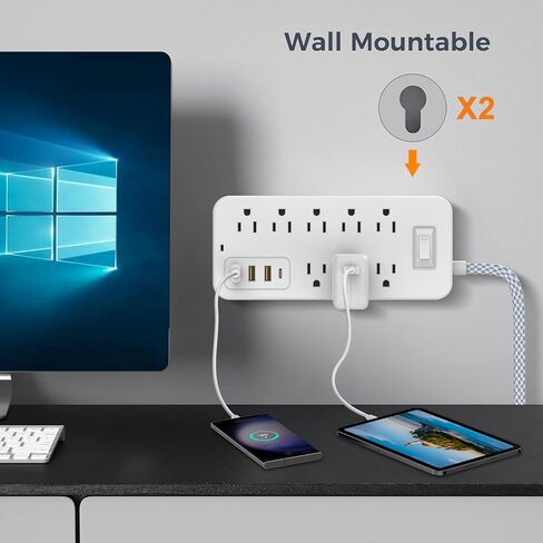 شريط الطاقة لشريط الطاقة، محطة شحن سطح المكتب لمنافذ متعددة المنافذ، شريط مخرج حماية من الحمل الزائد المسطح، منافذ USB، سلك تمديد، حامل على الحائط، مقبس محطة إضاءة ليلية، للمنزل والمكتب in Kuwait