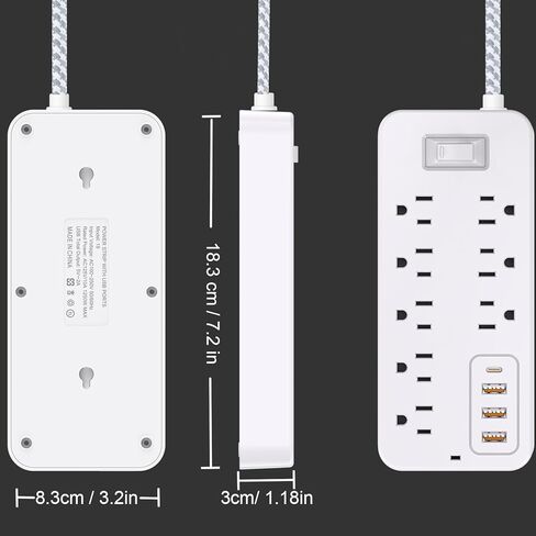 شريط الطاقة لشريط الطاقة، محطة شحن سطح المكتب لمنافذ متعددة المنافذ، شريط مخرج حماية من الحمل الزائد المسطح، منافذ USB، سلك تمديد، حامل على الحائط، مقبس محطة إضاءة ليلية، للمنزل والمكتب in Kuwait