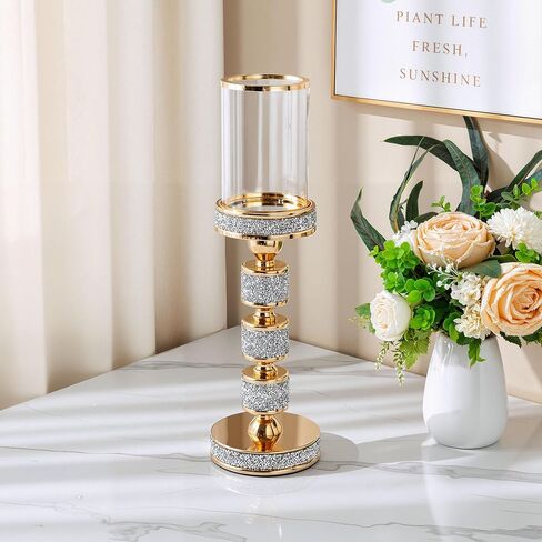 حامل شمعة عمود مع إثبات الرياح الزجاجية ، حاملي إعصار المعادن ، شمعة Crystal Gold للقطاعات المركزية ، ديكور المنزل ، زفاف ، طاولة الطعام (M ، 2 مساءً) in Kuwait