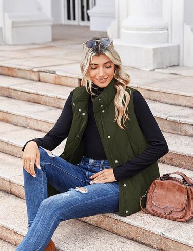 Zeagoo Puffer Vest Women Sleeveless Quilted Screptuded Snap Snap up Stand-Up Stand-Up Down with Mobicets Outerwear in Saudi Arabia