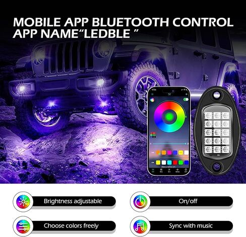 4 PCS RGB LED Rock Lights, LEDs High Brightness Waterproof Neon underglow Kit with Bluetooth App Control Flashing Music Mode, Wheel Well Light for Trucks, SUV, Golf Cart, ATV, Pickup in Saudi Arabia