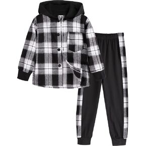Toddler Boys Clothes Button Down Hooded Plaid Long-sleeve Tops + Sweatpants 4-10 Years Old in Saudi Arabia