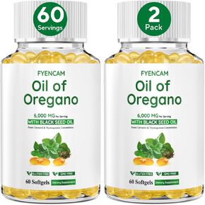 Oil of Oregano with Black Seed Oil, 6000mg Oregano Oil Capsules Organic with Carvacrol & Thymoquinone, 2 in 1 Supplement for Immune Health, Non-GMO, Easy to Swallow, 2 Bottle, Total 120 Softgels in Saudi Arabia