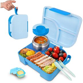 Tinypalsa Bento Box for Kids ، 3 مقصورات غداء للأطفال مع 10 أوقية تسرب برهان جرة Food Food ، مزلاج سهلة مفتوحة ، آمنة غسالة الصحون ، مثالية للمدرسة ، والرعاية النهارية ، والسفر مع مقبض محمول (أزرق) in Saudi Arabia
