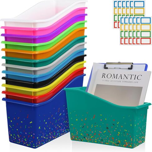 Jinei 24 Pack Book Bins for Classroom Bulk Confetti Plastic Storage Bin with Name Labels Plastic Classroom Book Bins Organization Baskets Boxes Teacher Storage Bins for Classroom Home Office in Saudi Arabia