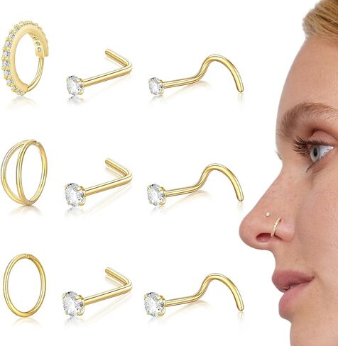 أزرار 20 جرام من أنف الذهب لنساء الرجال Hypoallergenic الفولاذ الفولاذ المزدوج حلقة الأنف 1.5 ملم/2 مم/2.5 ملم CZ محاكاة الماس الصغير L فلة Lescrew أنف ثقب مجموعات المجوهرات (الذهب) in Kuwait