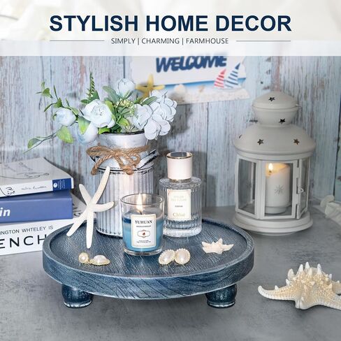 EOSAHR Decorative Display Risers for Living Room Decor - Farmhouse Wood Pedestal Stand for Kitchen Sink Organizer - Perfume Organizer for Bathroom Decor (Blue) in Kuwait