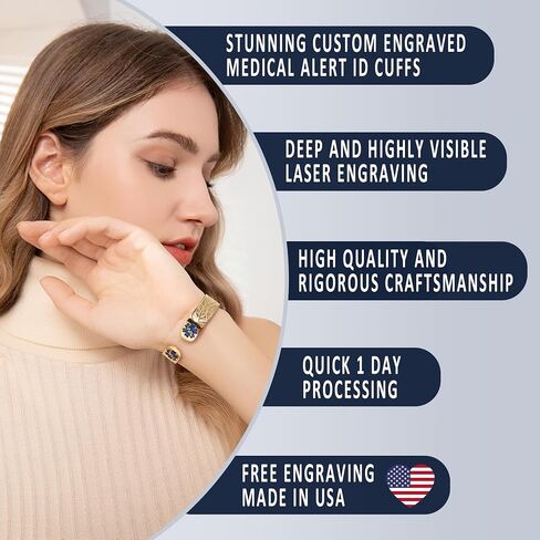 Divoti Medical Alert ID Olive Stretch Bracelets for Women | كفة طبية محفورة مخصصة تناسب 6.5-8.0 "معصمين | تصاميم مقاومة للماء وصراع خالص مصقول مقاوم للصدأ | ارتداء مجوهرات أنيقة يوميًا in Kuwait