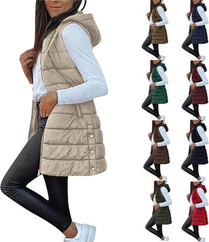 Long Puffer Vest Women Winter Hooded Sleeveless Coat Warm Quilted Vest Jacket Zip Up Puffy Coat fall warm Outerwear in Saudi Arabia