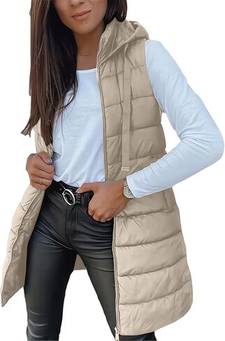 Long Puffer Vest Women Winter Hooded Sleeveless Coat Warm Quilted Vest Jacket Zip Up Puffy Coat fall warm Outerwear in Saudi Arabia