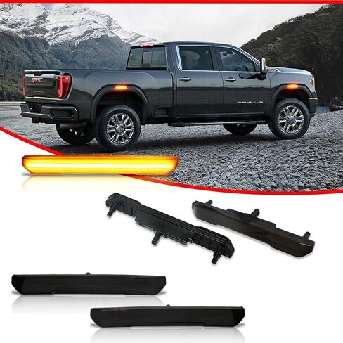 4X Smoked Front&Rear Amber Side Marker Lights Black ABS Housing Bulbs for GMC for Sierra 2500HD/3500HD AT4/Denali/SLE/SLT 2020-2022 & Base 2020-2021 Plug&Play-Bulb Shape Code Smooth in Saudi Arabia