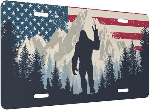غطاء لوحة الترخيص الأمامي ، العلم الأمريكي Bigfoot Sasquatch Car Decor التبعية الألومنيوم المعدني المقاوم للصدأ في الولايات المتحدة لوحة الحداثة تغطية العلامة الزخرفية مع 4 ثقوب للرجال 6 * 12 في in Kuwait