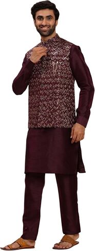 Mens Silk Kurta Trouser Set With Mirror Work Waistcoat (Nehru Jacket) (C-125) in Saudi Arabia