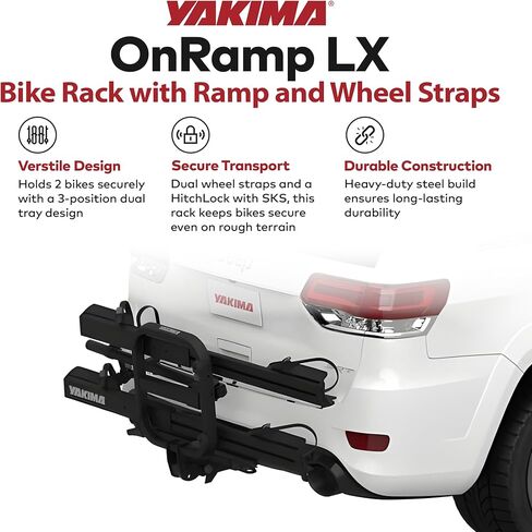 حامل الدراجة Yakima OnRamp LX ذو 3 مواضع مزدوجة مع منحدر مدمج وأشرطة للعجلات وحلقة قفل لأجهزة استقبال وصلة 2 بوصة، أسود in Kuwait