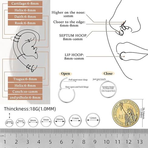 14pcs 6/7/8/9/10/11/11/12mm حلقات أنف من الصلب الجراحي ، مجموعة طوق ، أطواق صغيرة من الجسدية ، مجموعة مجوهرات جسمها الغضروف in Kuwait